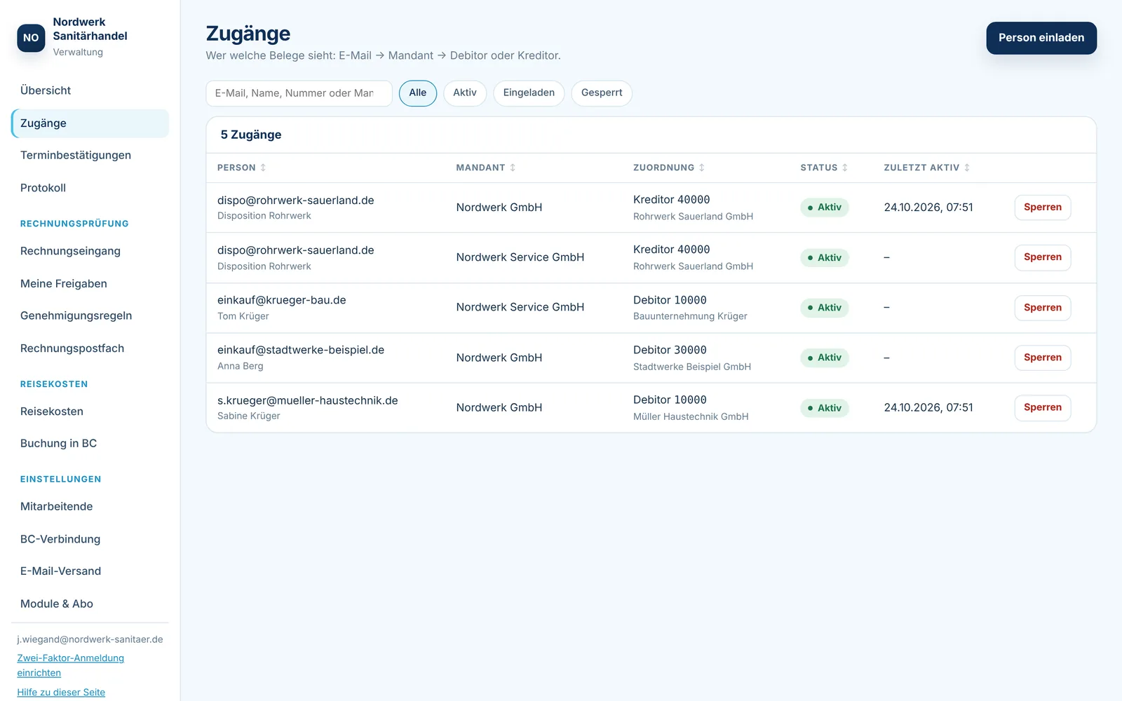 Verwaltung: Liste der Zugänge mit E-Mail, Mandant, Debitor oder Kreditor und Status